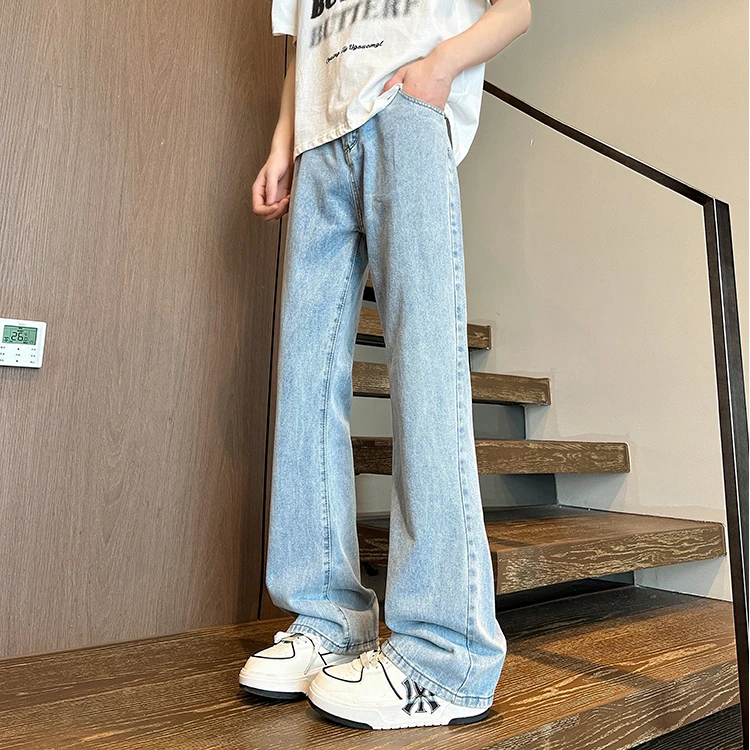 美式复古高街水洗弹力牛仔裤黑色vibe烟灰色牛仔男直筒修身微喇裤