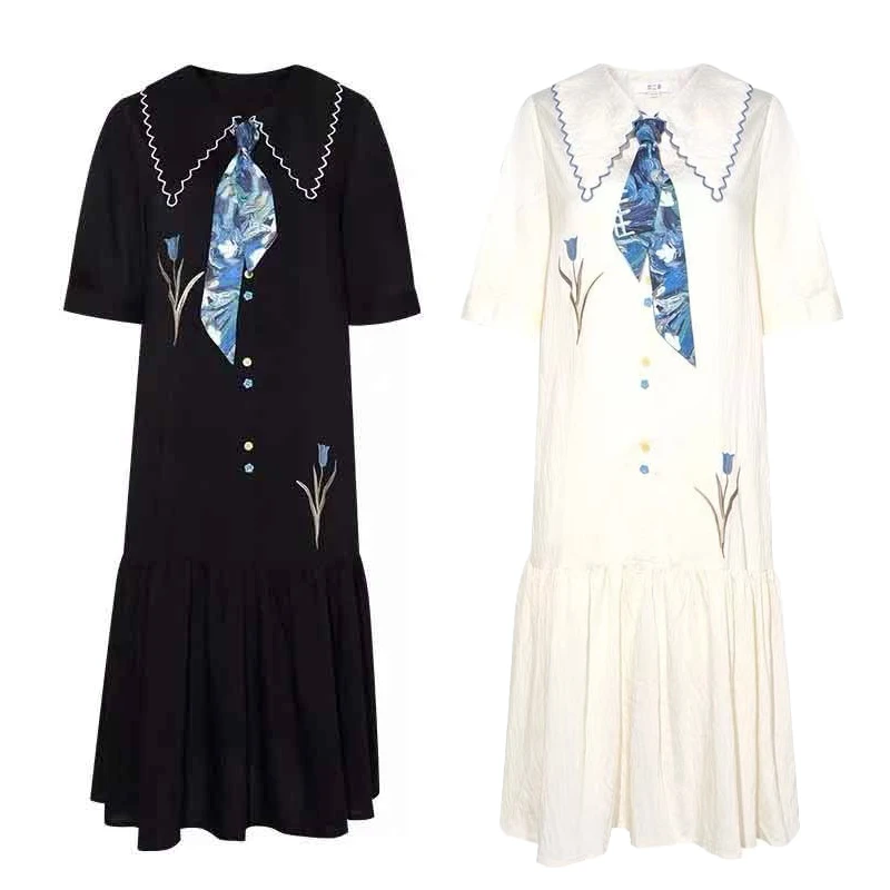 【郁金香】夏季新款法式宽松刺绣短袖连衣裙子女