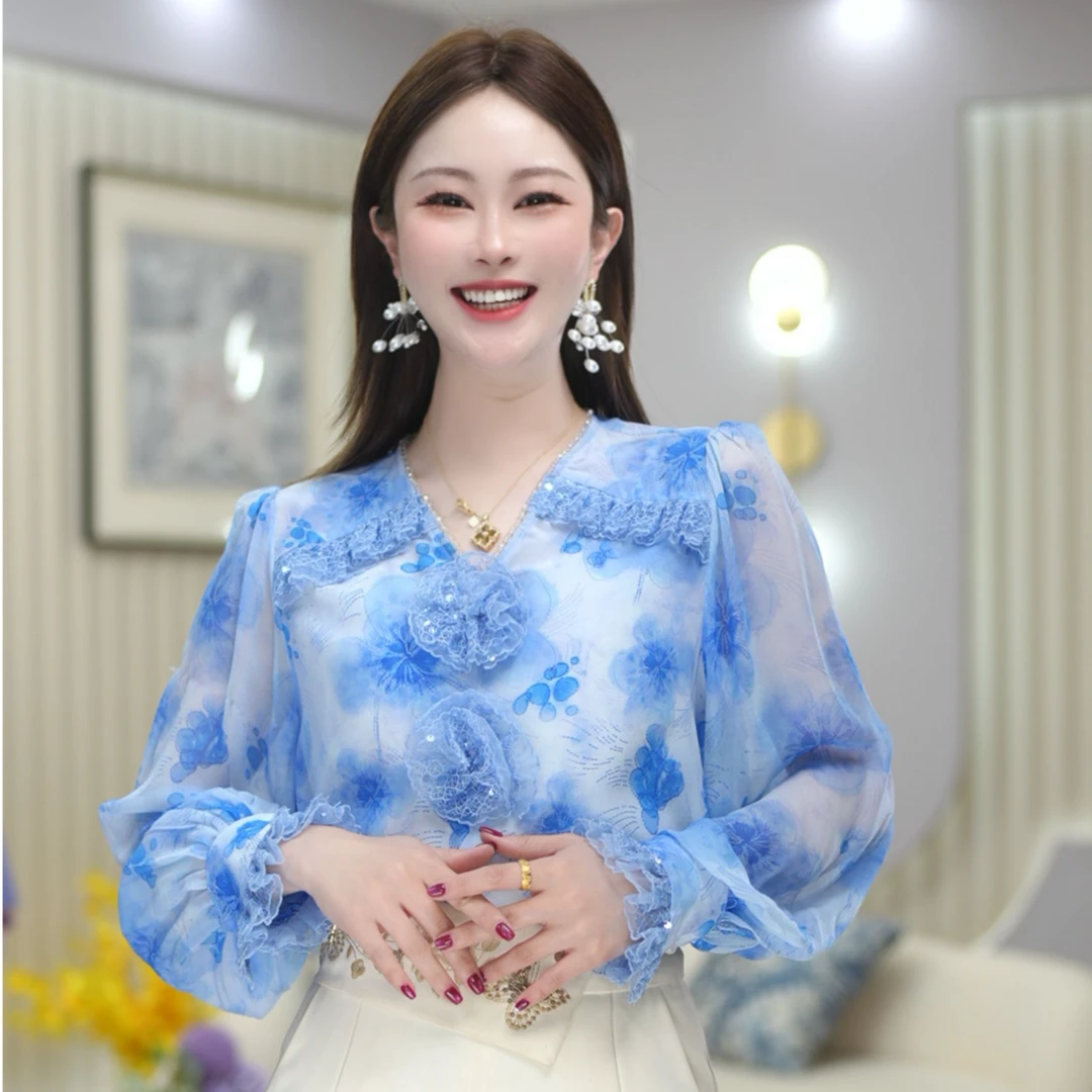 【东海】春季新款时尚V领碎花长袖衬衫洋气百搭衬衣 DY5538