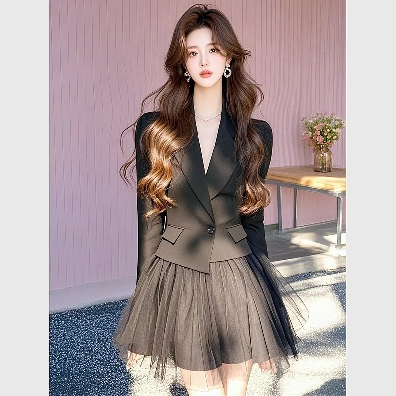 4236+4237一整套西装外套网纱短裙气质轻熟高级两件套装