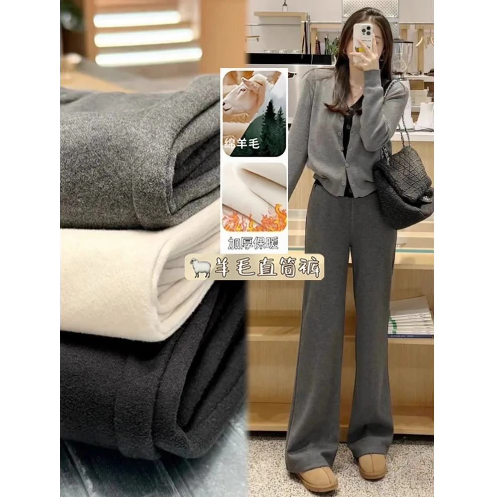 加绒加厚灰色羊毛裤子女秋冬季新款羊毛呢休闲裤女士新款裤子