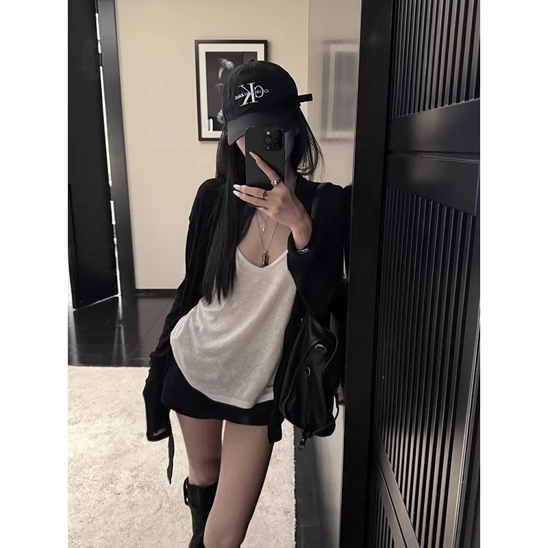 高级感U领挂脖吊带背心内搭无袖上衣针织开衫外套半身裙短裙套装