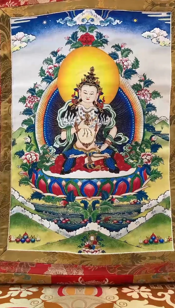 卷轴画矿物质喷绘  金刚萨埵1.3m金色龙布