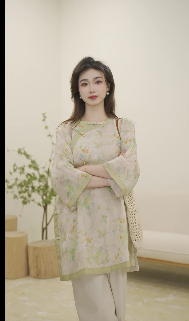 复古圆领衬衫女夏季苎麻印花改良气质上衣国风宽松上衣