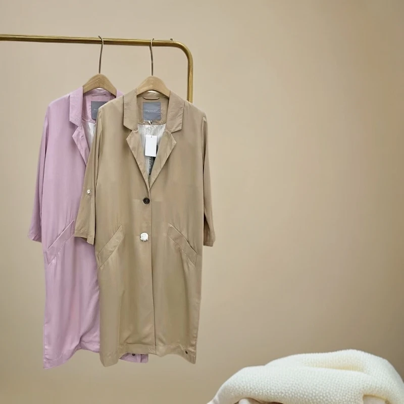 德国原单纯色薄款透气宽松翻领九分袖风衣外套 百搭休闲气质时尚