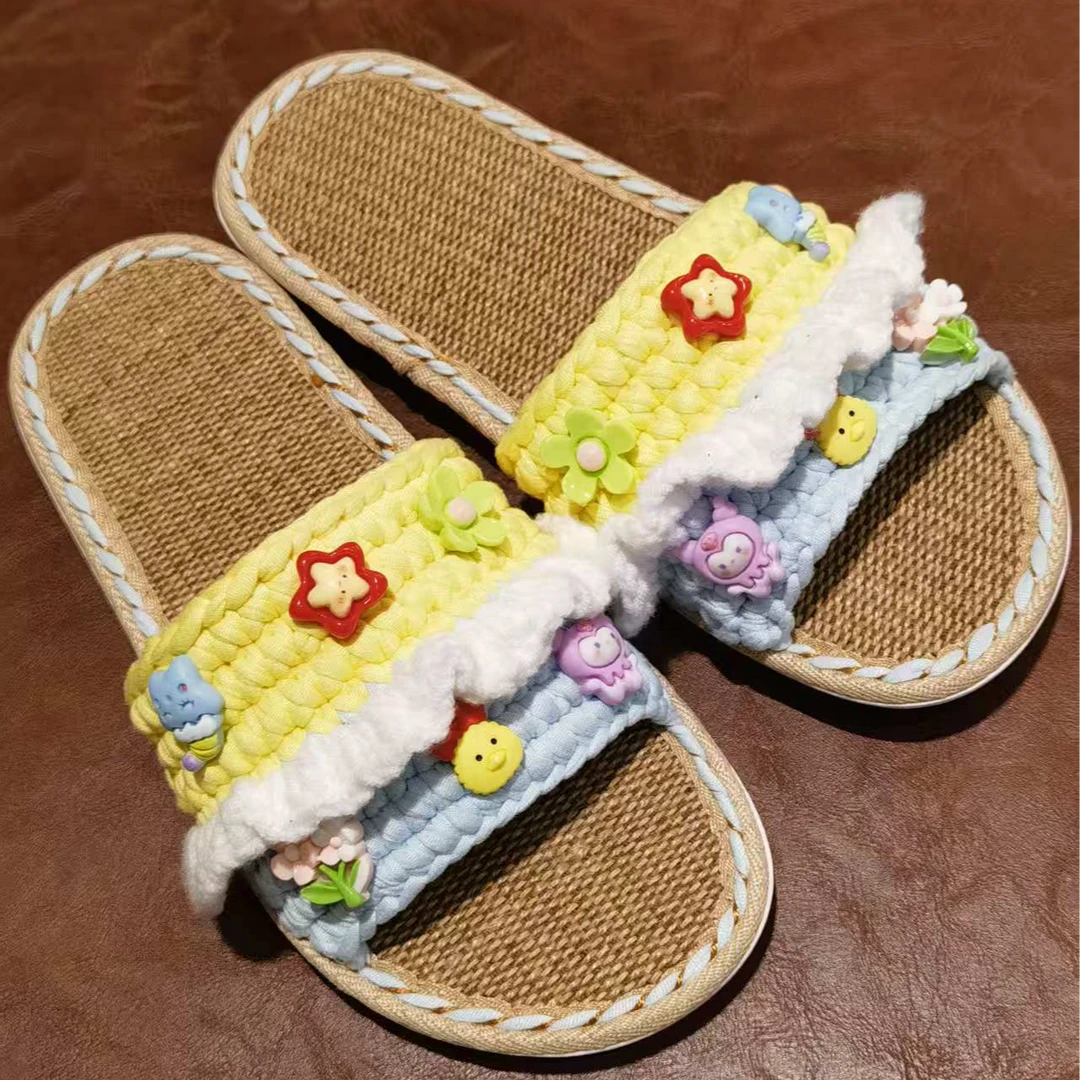 纯手工一字拖夏季透气时尚T型通勤静奢风花朵凉鞋女士平跟