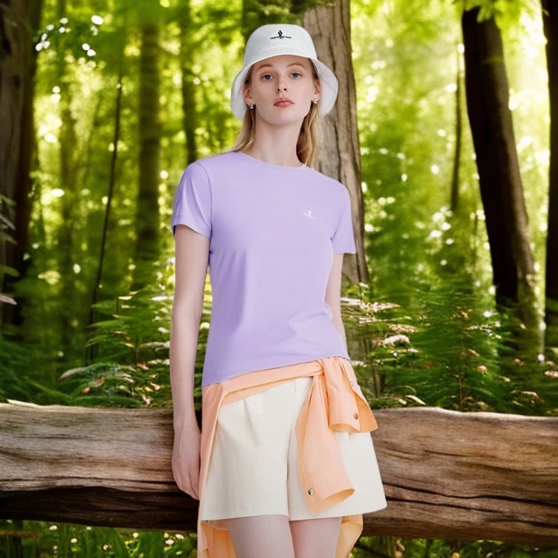 比音勒芬2025春夏新款女士休闲简约净色经典标识日常圆领短袖T恤