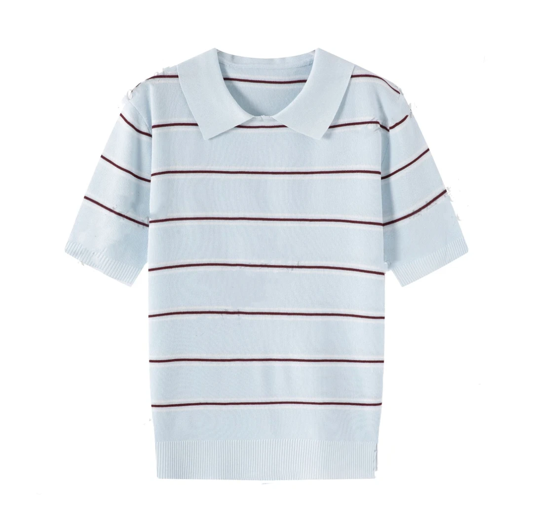 miu 系撞色条纹polo领针织衫夏季轻薄透气减龄T恤5262