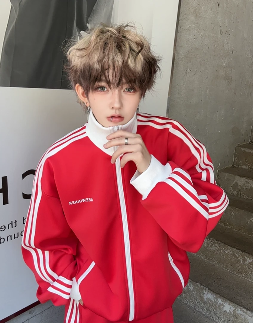 美式复古运动红色立领卫衣套装男痞帅小众撞色条纹阔腿长裤两件套