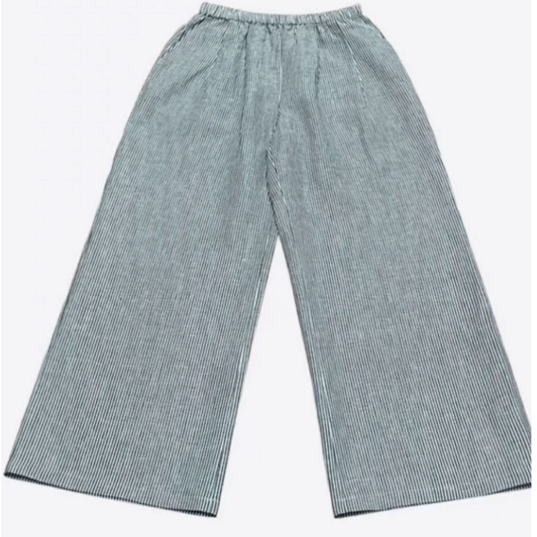 亚麻裤蓝白条纹松紧腰阔腿裤裤子休闲裤5045---2