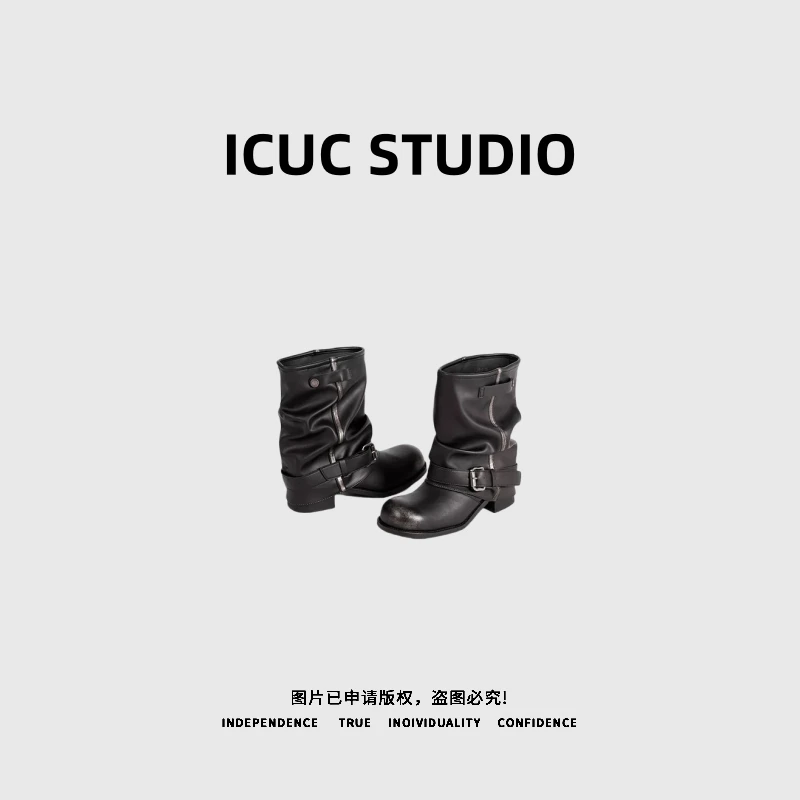 ICUC STUDIO-【牛仔伴侣”巨好看短靴】复古粗跟骑士靴5888-1