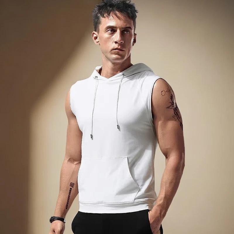 背心男潮夏季连帽无袖卫衣休闲T恤运动纯棉透气薄款带帽修身马甲
