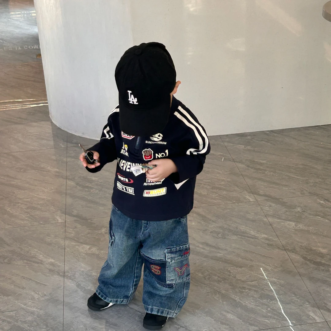 壹妈街头风套装男童秋季新款韩版黑色长袖上衣时髦洋气拼接牛仔裤