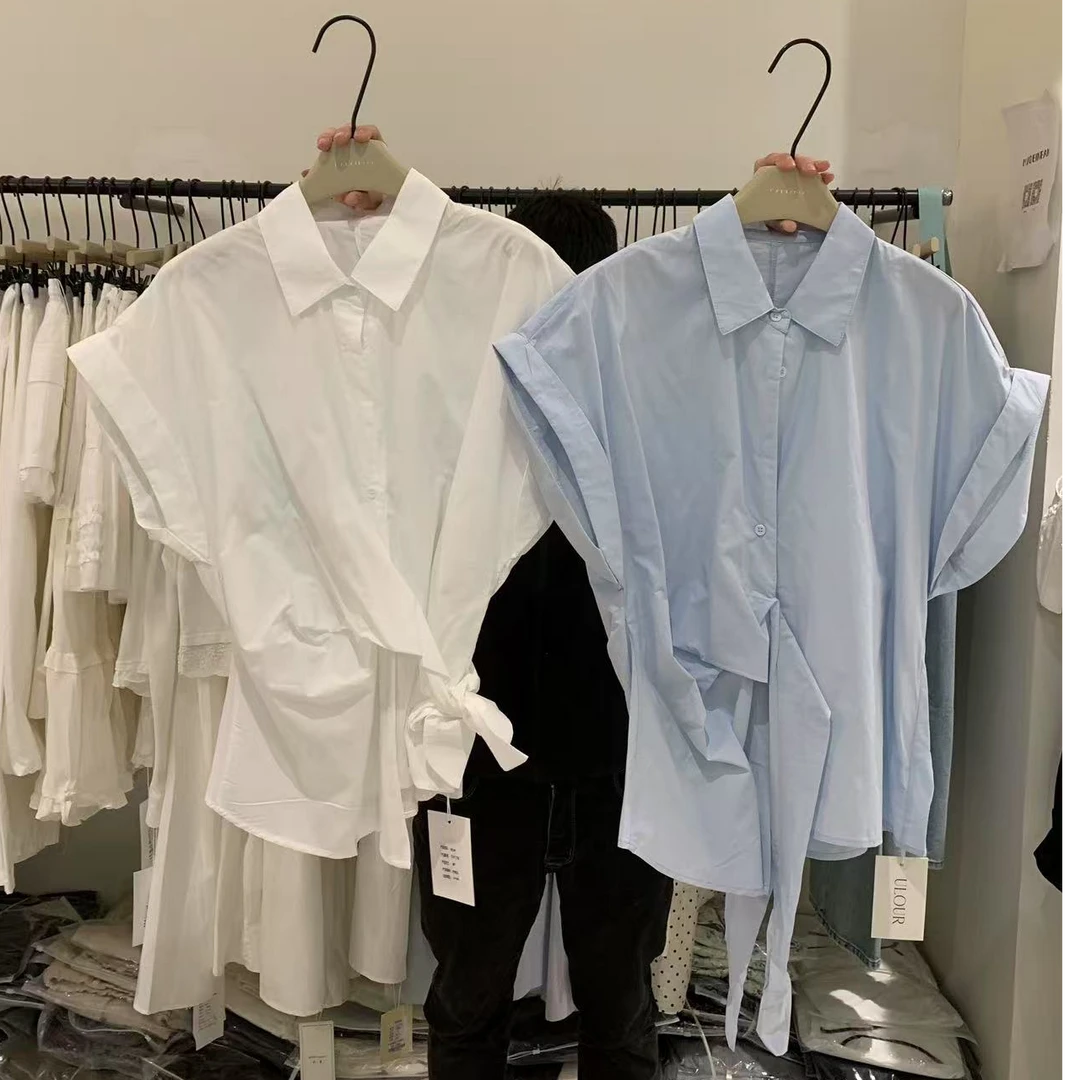 韩系简约翻领宽松纯色系带短袖衬衫女夏季高级感单排扣飞飞袖上衣