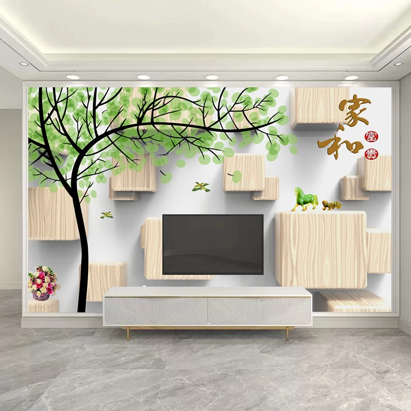 家和富贵8D立体方框绿叶客厅电视背景墙无缝大型壁画定制高清墙布