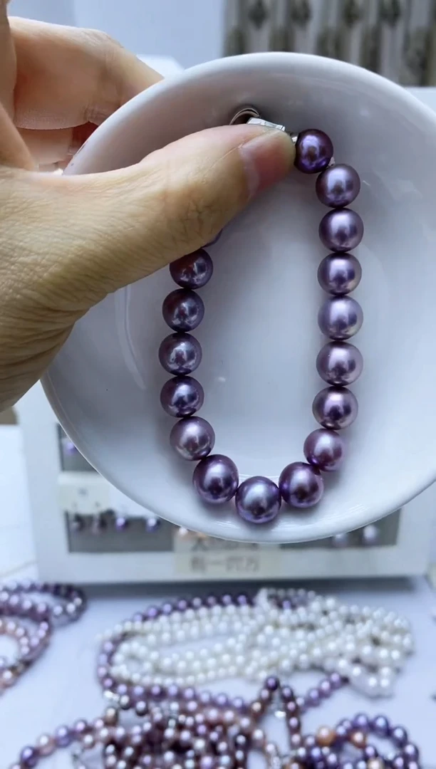 银S925镶嵌淡水珍珠耳饰紫珠手链2