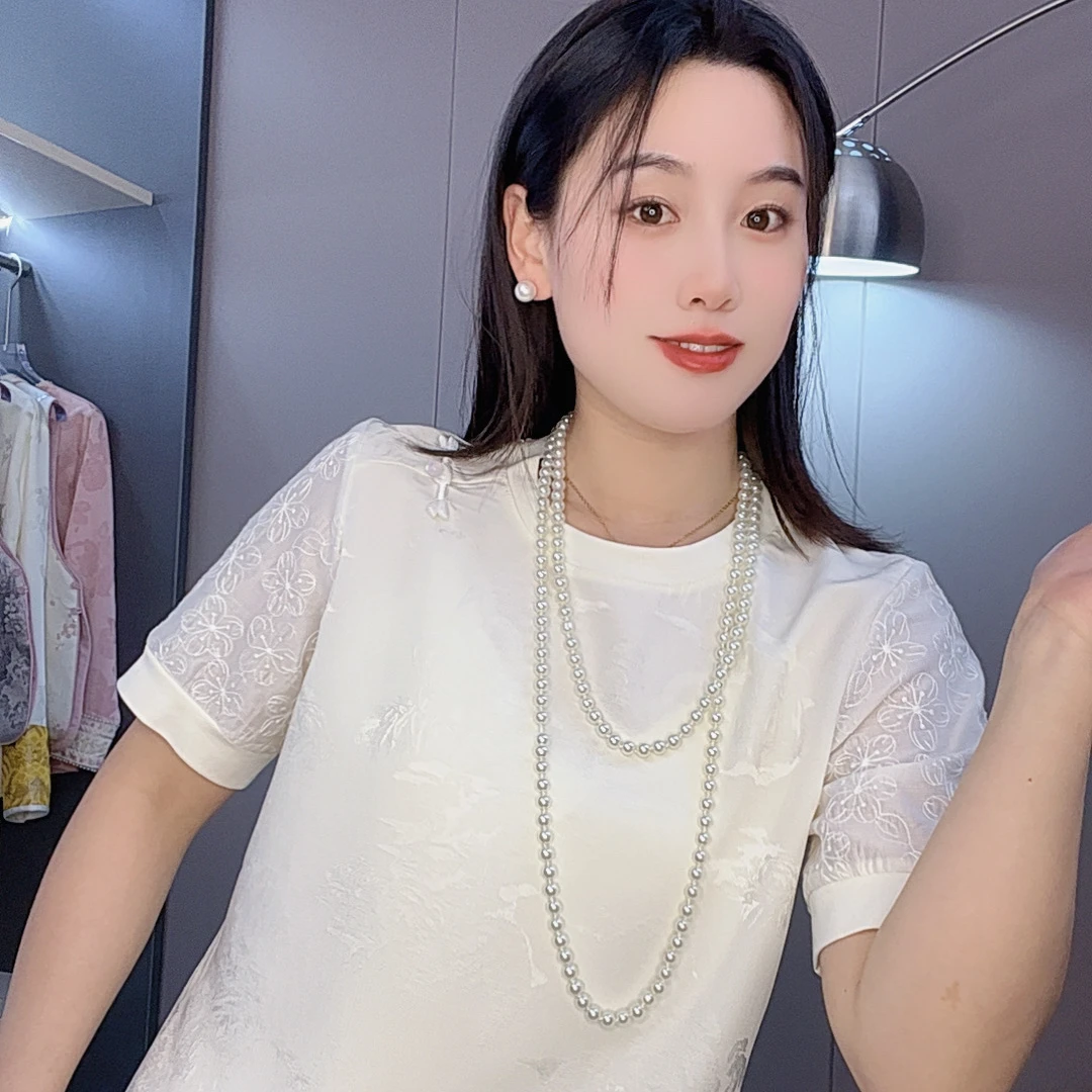 【花芮】2025春夏新款重工亮片刺绣提花休闲圆领半袖T恤百搭透气