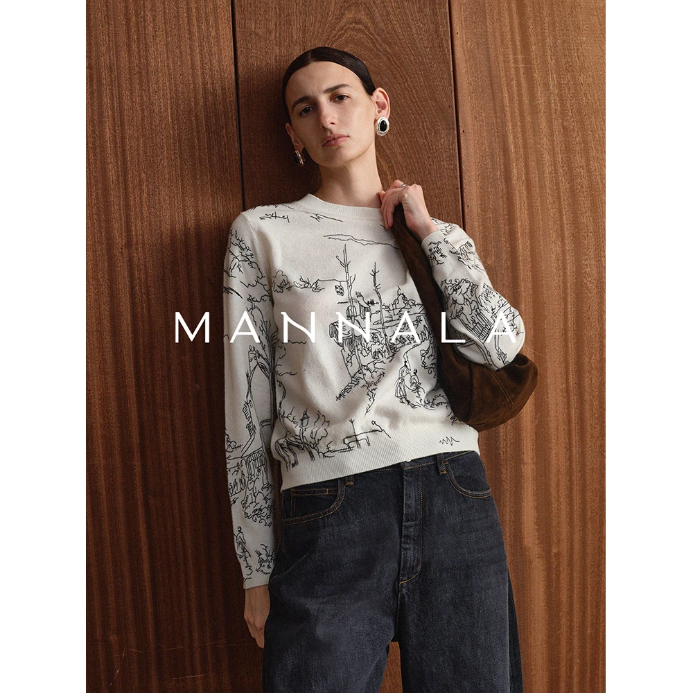 MANNALA丨“黑绣线”重磅绣线圆领套头美丽诺羊毛直身毛衣 Q2622