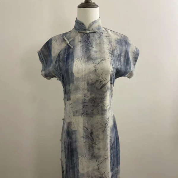 【0032翠影凝香】爆款灰色时尚气质中式全开襟旗袍长约125cm中国风