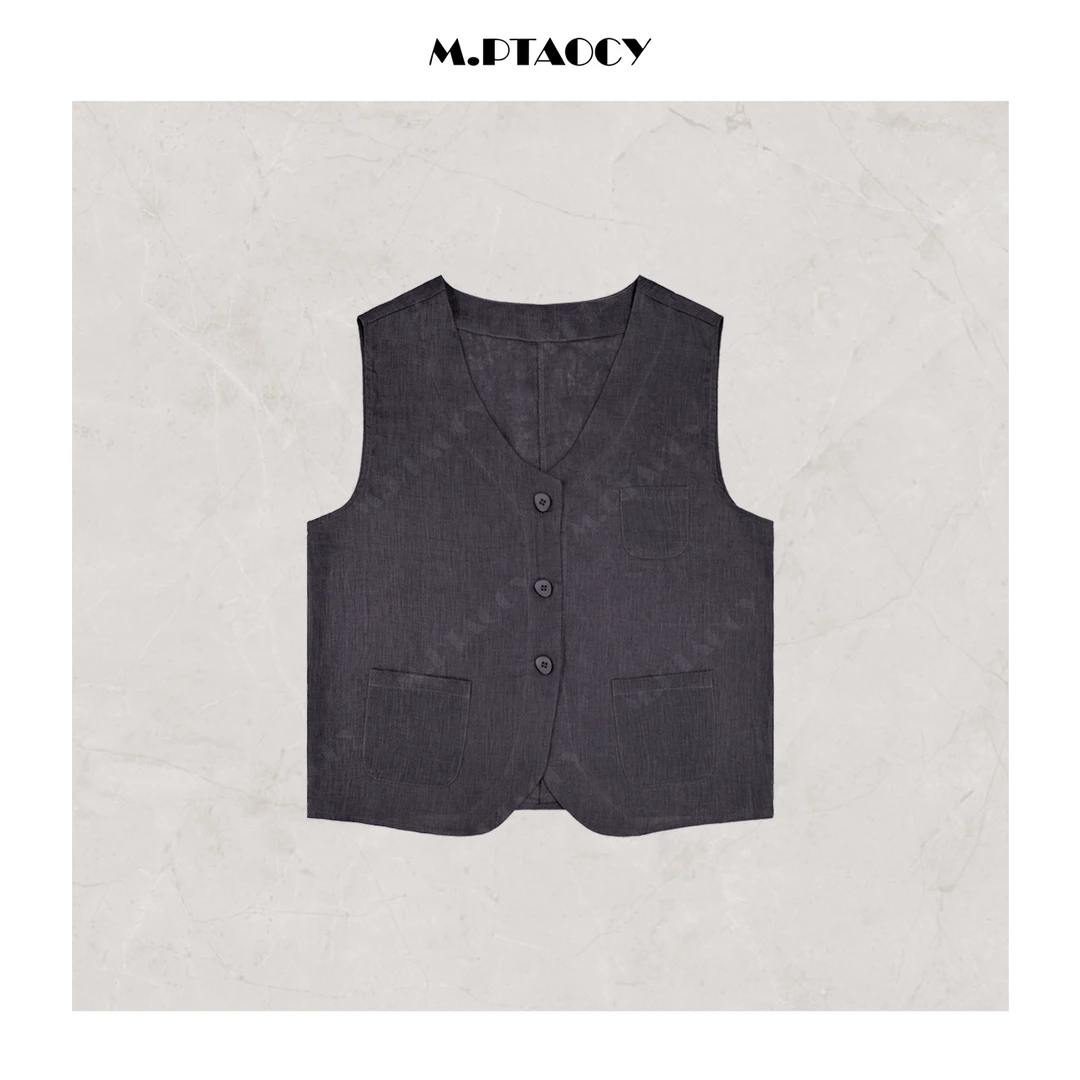 桃桃家-【天然小空调】超重工多重水洗亚麻马甲 V领小众设计坎肩962