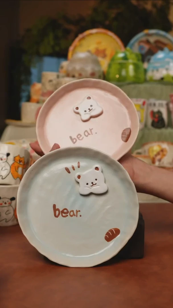 杯子景德镇一休瓷屋 小熊贴片盘一对微瑕