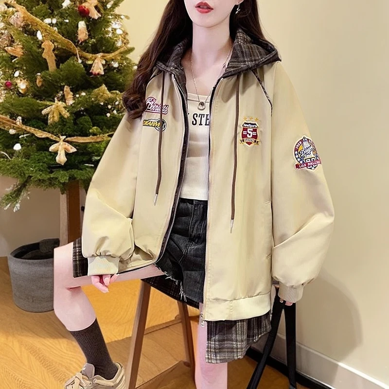 拼接格子假两件外套女春秋学生宽松休闲大码美式复古连帽卫衣开衫