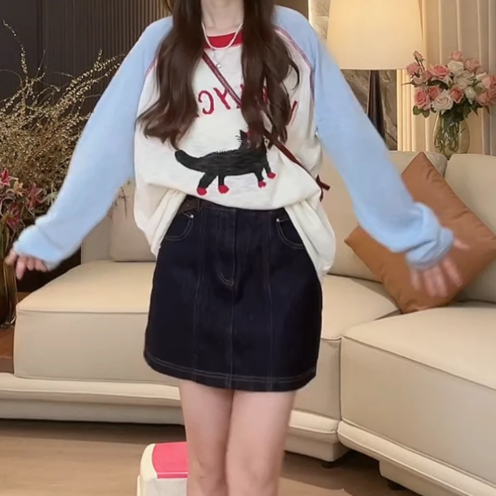 【幸运猫】春夏撞色插肩袖猫咪图案长袖防晒t恤上衣夏季