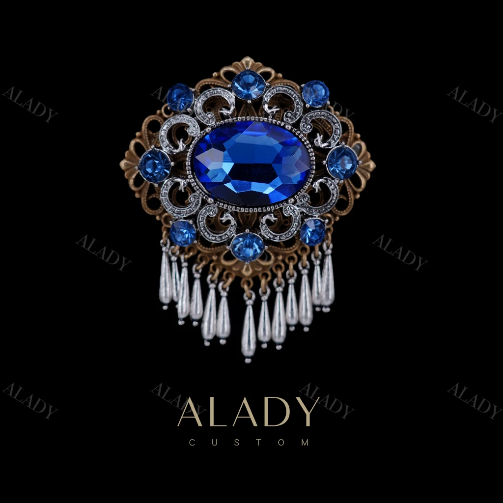 合金合成锆石胸针 【蓝色传说】蓝色灵动做旧气质款西德胸针