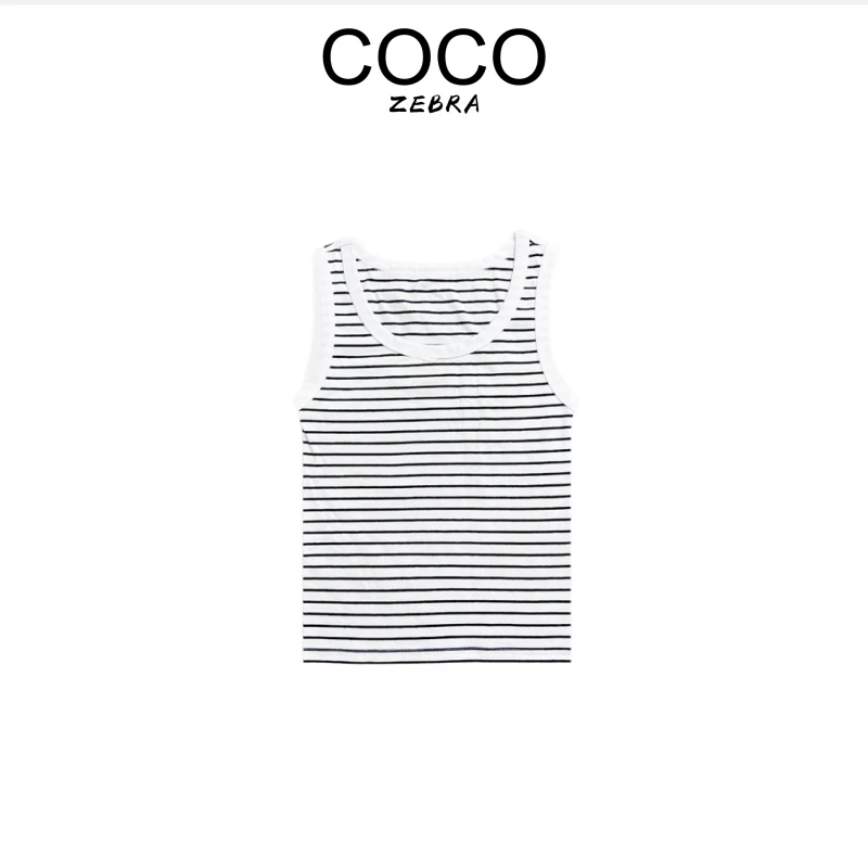 COCO LESLEY 百搭夏季无袖条纹时尚休闲白色背心2958