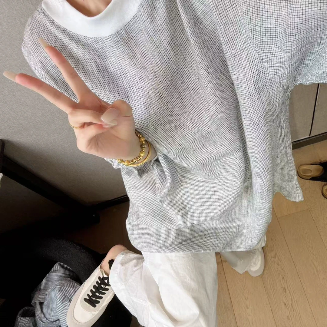 BABUILTYGA格子七分袖亚麻夏季轻奢显瘦遮肉短袖体恤