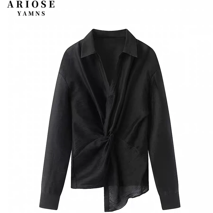 艾诺丝商场同款春季衬衫纯色时尚潮流衬衫百搭扭结休闲上衣长袖