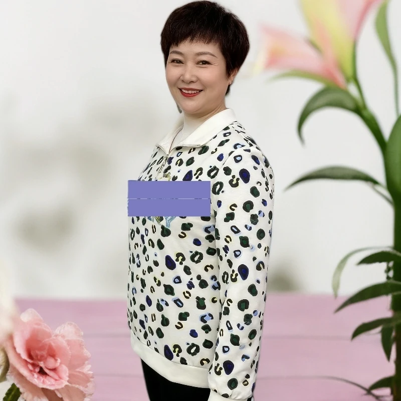 宽松翻领中老年女装长袖厚款秋冬款钻钻印花天然棉修身版型妈妈装