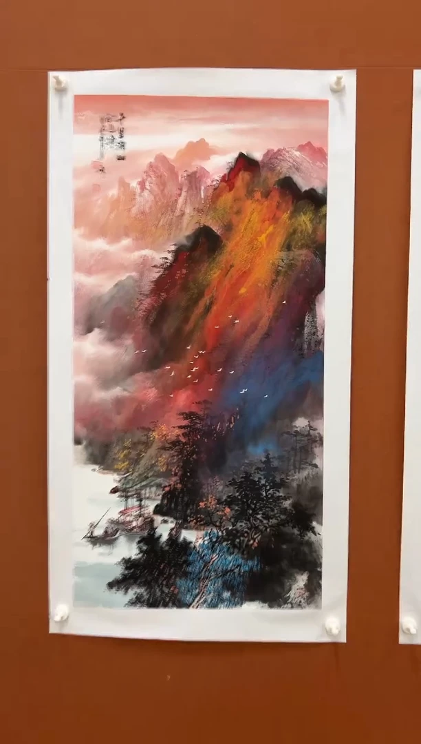 国画李文峰三尺整张泼彩山水