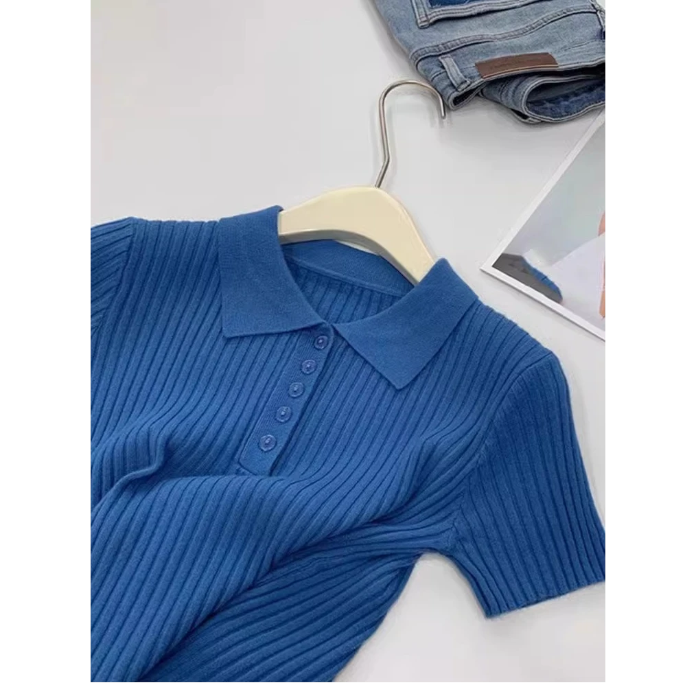 今年流行polo领蓝色针织短袖T恤女夏季洋气减龄修身显瘦正肩上衣