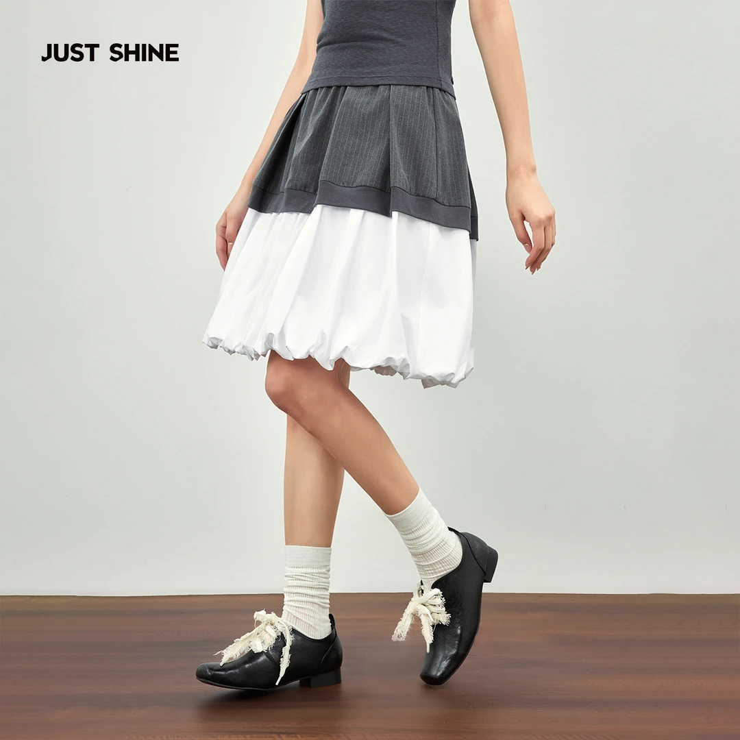 JUSTSHINE 慕斯蛋糕裙原创蓬蓬收褶花苞裙双层a字半身裙泡泡短裙