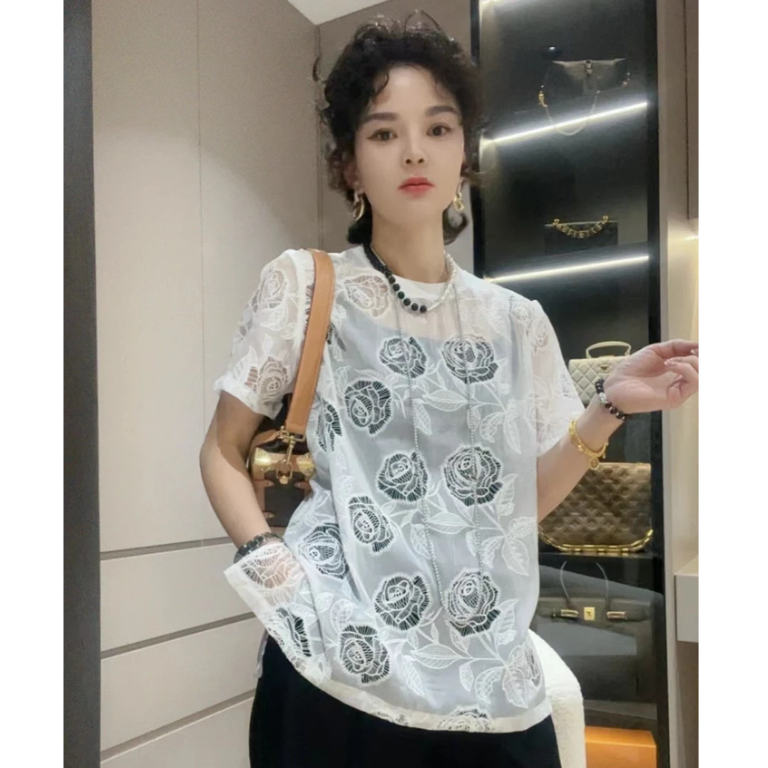ZM25年夏季新款短袖蕾丝圆领蕾丝衫印花提花休闲重工T恤87117