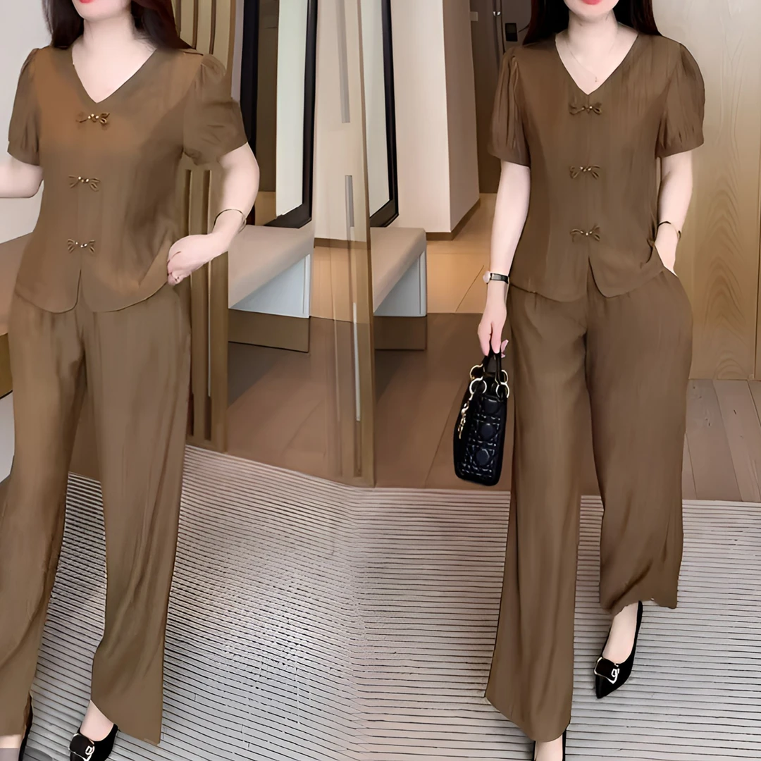 冰丝时尚套装女2025夏季新款洋气显瘦盘扣短袖上衣阔腿裤两件套潮