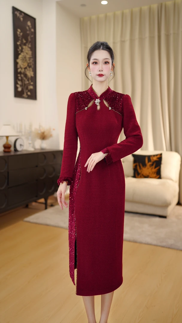 【 DLS5Q249】改良旗袍轻奢秋新款妈妈装收腰显瘦高端精致连衣裙