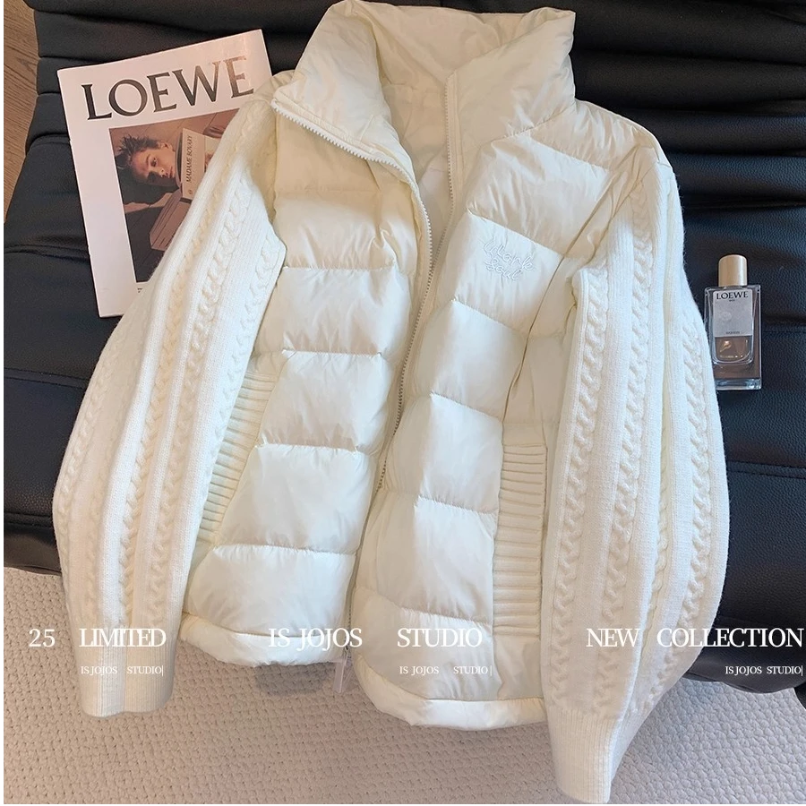 秋冬季2025新款设计感白色针织拼接立领女小香风洋气保暖轻薄外套