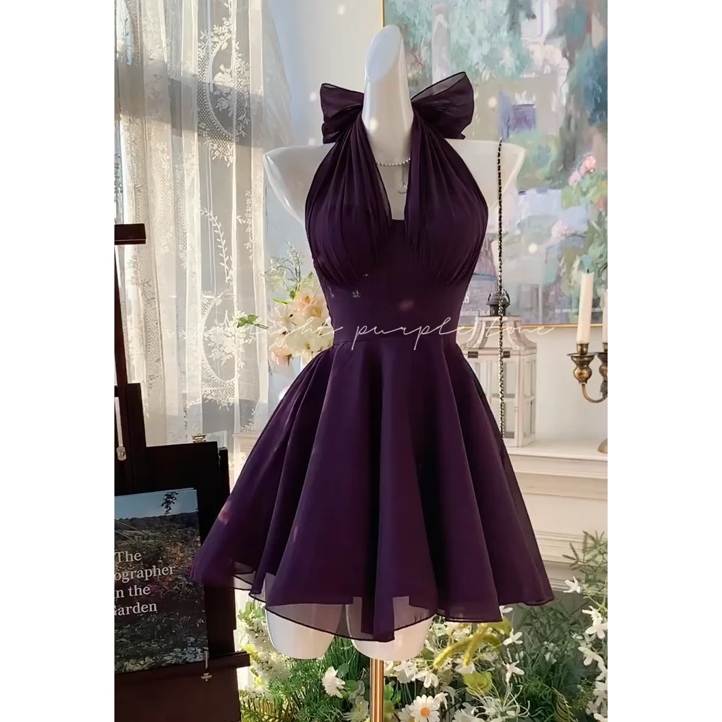 【弗洛伊德玫瑰】夏日限定法式V领蝴蝶结绑带挂脖收腰连衣裙短裙女