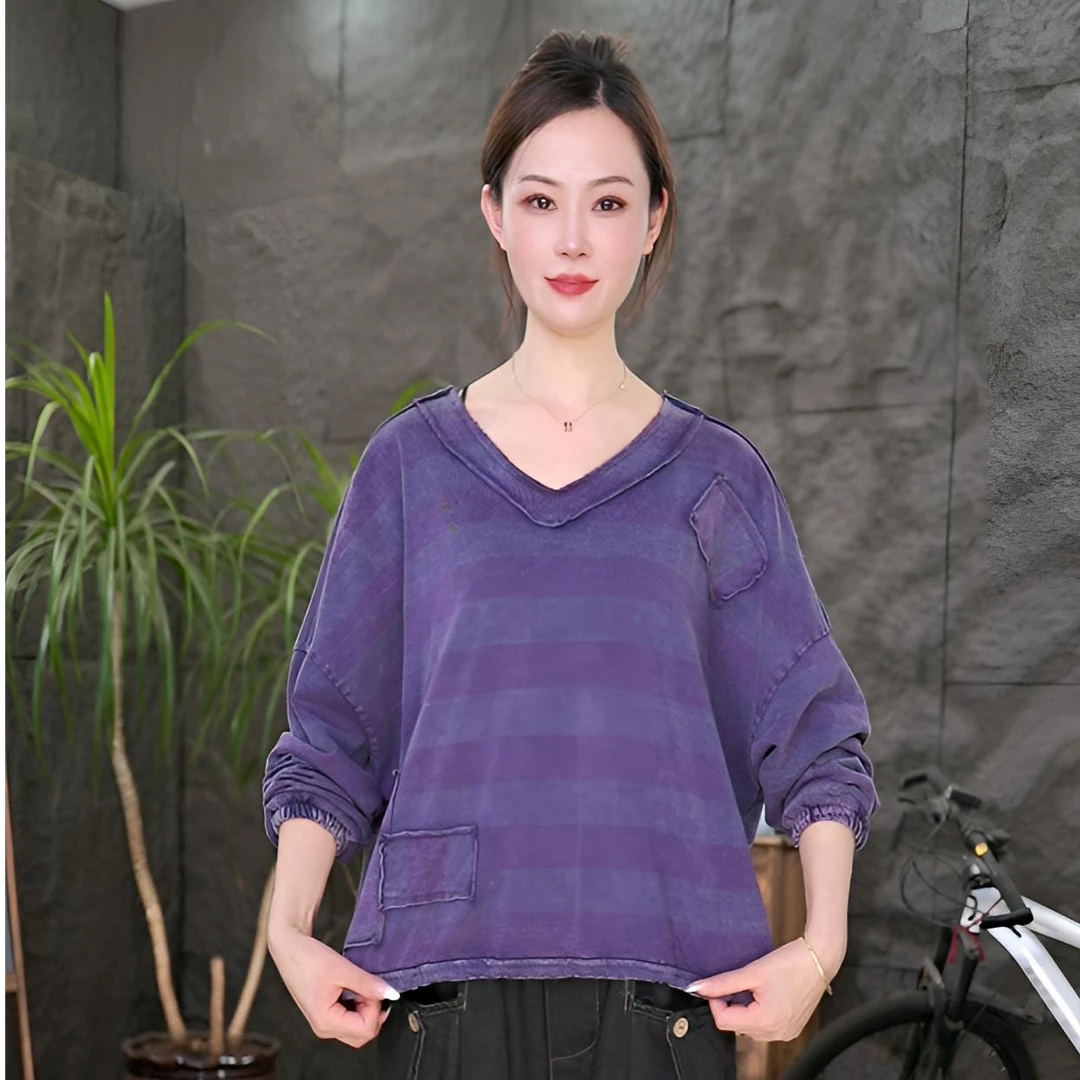 【纯棉条纹】女装长袖上衣复古条纹百搭宽松T恤V领打底衫