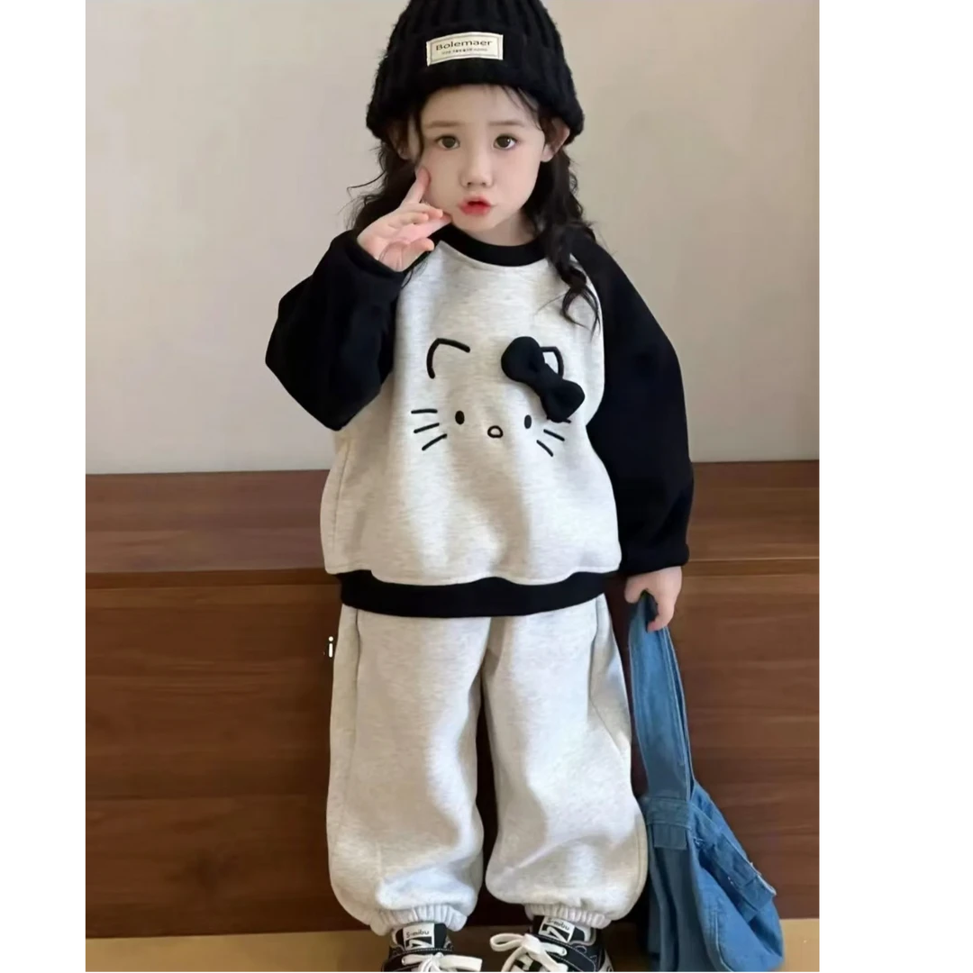 韩国女童休闲加绒卫衣25新款卡通图案百搭幼儿园宝宝冬款加厚套装