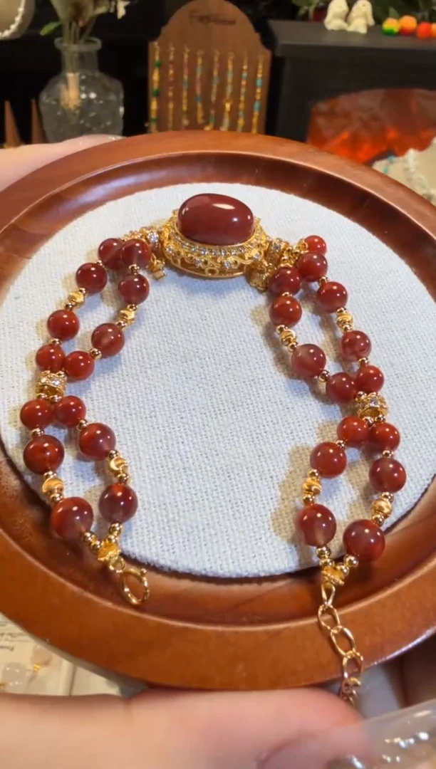 银S925镶嵌手链南红玛瑙双排牛血红火焰纹