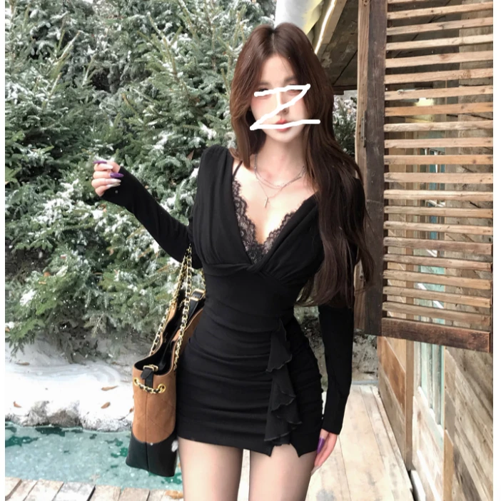 Mejiu蜜九【榭台晚照】纯欲辣妹针织连衣裙女秋冬季荷叶边黑裙子