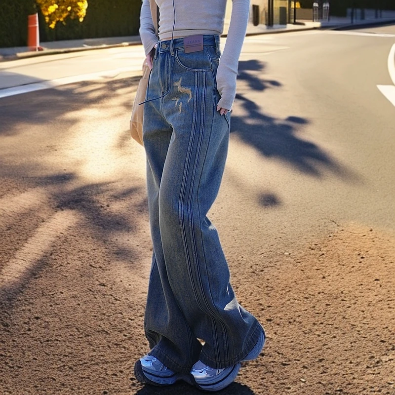 美式复古加绒加厚牛仔裤女2025炸街阔腿裤秋冬韩版做旧破洞直筒裤