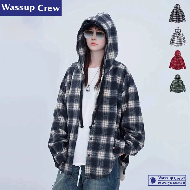 WASSUP CREW港风格子连帽衬衫男女款春秋季新款宽松慵懒毛呢外套