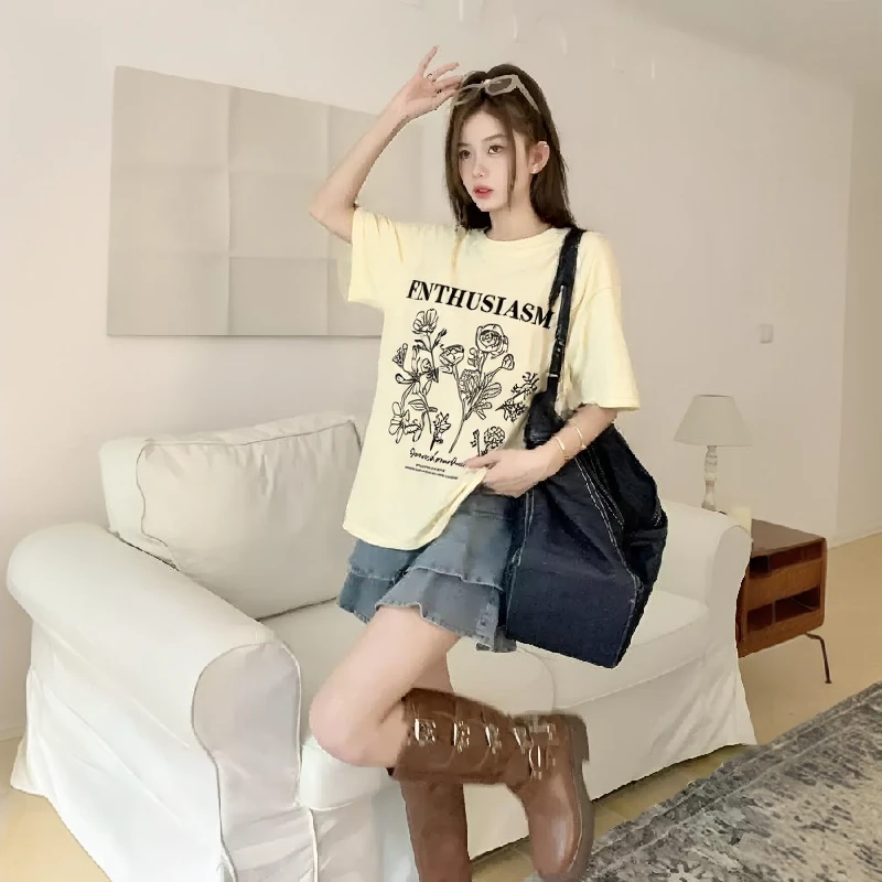 QUPENGME 宽松纯棉印花短袖T恤休闲韩版薄款短款ins网红圆领20039