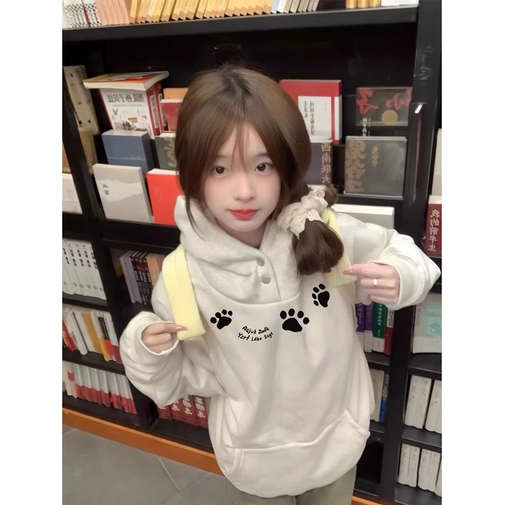 纽扣美式复古连帽卫衣女小个子加绒加厚秋冬宽松慵懒风外套早春季