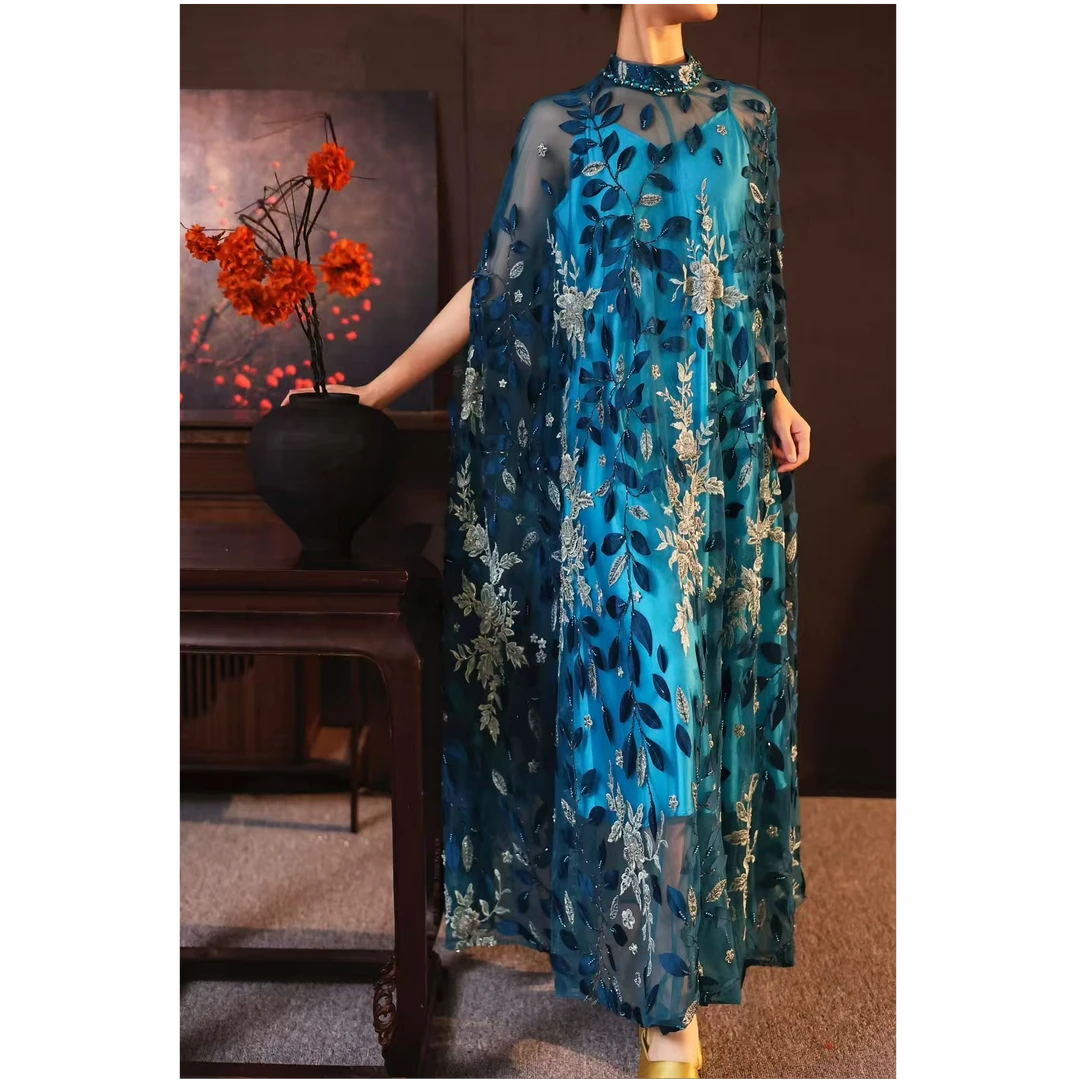 【李小姐】私人高定知性优雅法式浪漫斗篷网纱刺绣轻奢高贵连衣裙