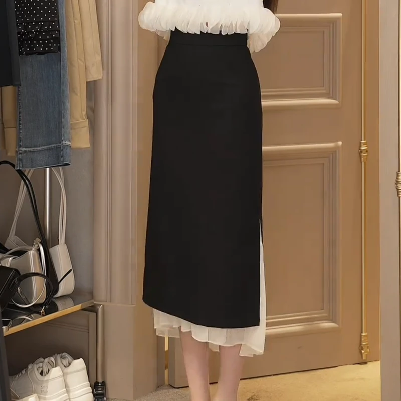 秋季时尚百搭修身包臀蕾丝边拼接半身裙开叉法式风高腰显瘦半身裙